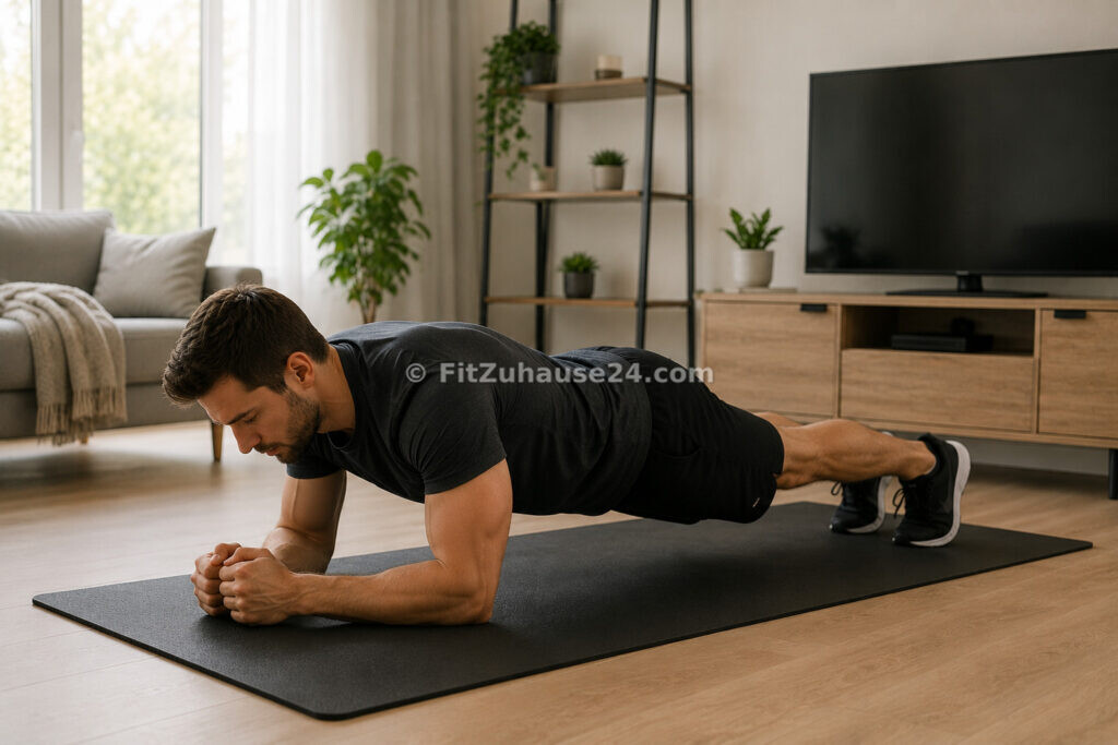 Mann macht Plank beim Bauchmuskeltraining zuhause im Wohnzimmer