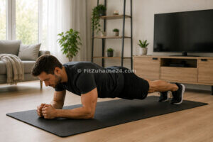 Mann macht Plank beim Bauchmuskeltraining zuhause im Wohnzimmer