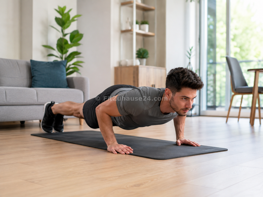 Mann macht Liegestütze beim Brusttraining zuhause im Wohnzimmer
