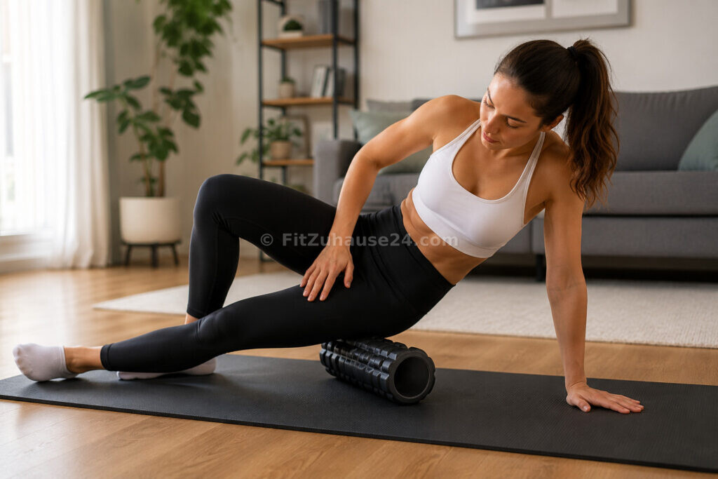 Frau nutzt eine Foam Roller Faszienrolle zur Muskelregeneration zuhause auf einer Fitnessmatte