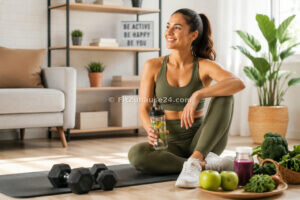Frau sitzt nach dem Heimtraining auf einer Fitnessmatte und trinkt Wasser in einem hellen Wohnzimmer