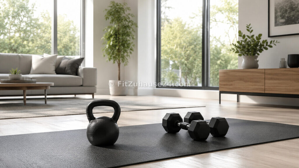 Kettlebell und Kurzhanteln nebeneinander auf Trainingsmatte