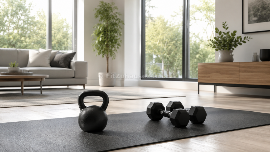 Kettlebell und Kurzhanteln nebeneinander auf Trainingsmatte