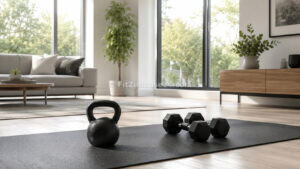 Kettlebell und Kurzhanteln nebeneinander auf Trainingsmatte