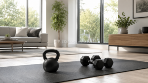 Kettlebell und Kurzhanteln nebeneinander auf Trainingsmatte