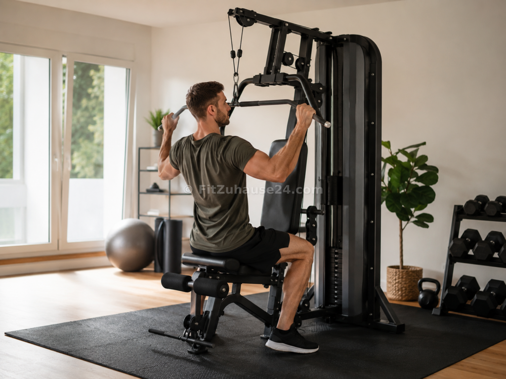 Mann trainiert an einer Kraftstation im Homegym zuhause