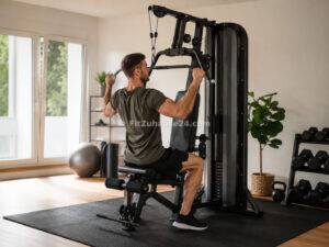 Mann trainiert an einer Kraftstation im Homegym zuhause