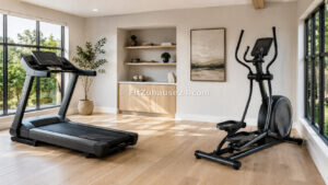 Laufband und Crosstrainer im Vergleich nebeneinander im Wohnzimmer