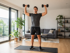 Mann trainiert Schultern mit Kurzhanteln beim Armtraining zuhause
