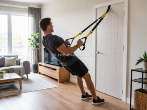 Mann trainiert mit einem Sling Trainer (TRX) an der Tür zuhause