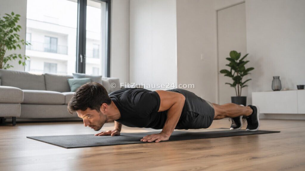 Mann macht Calisthenics Eigengewicht-Training mit Liegestützen zuhause