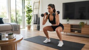 Frau macht Ganzkörpertraining mit Kurzhanteln zuhause auf einer Fitnessmatte