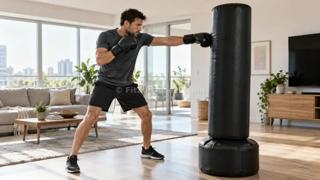 Mann trainiert an einem Boxsack mit Boxhandschuhen zuhause
