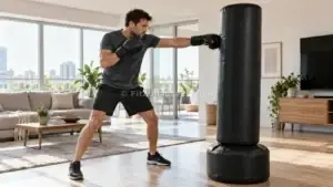 Mann trainiert an einem Boxsack mit Boxhandschuhen zuhause