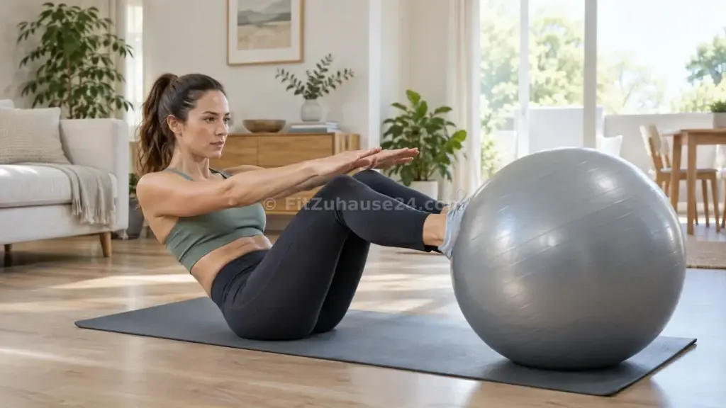 Frau trainiert mit einem Gymnastikball auf einer Matte im Wohnzimmer