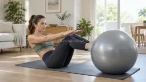 Frau trainiert mit einem Gymnastikball auf einer Matte im Wohnzimmer