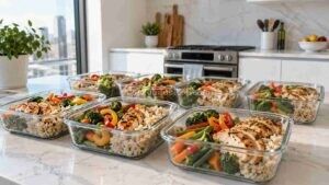 Vorbereitete gesunde Meal-Prep-Boxen mit Hähnchen, Reis und Gemüse für die Woche