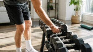 Person steigert ihr Training mit Kurzhanteln für progressive Überlastung zuhause