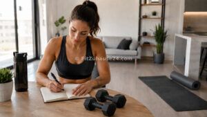 Person plant ihren eigenen Trainingsplan am Tisch neben Fitnessmatte und Kurzhanteln