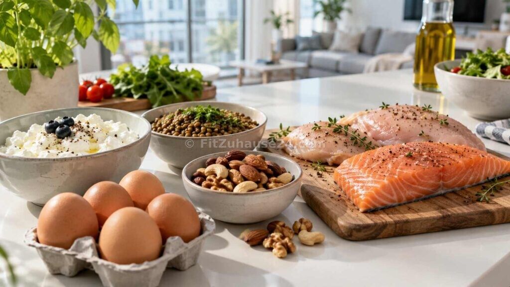 Proteinreiche Lebensmittel wie Eier, Quark, Hähnchen und Hülsenfrüchte auf einem Tisch
