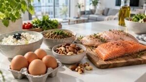 Proteinreiche Lebensmittel wie Eier, Quark, Hähnchen und Hülsenfrüchte auf einem Tisch